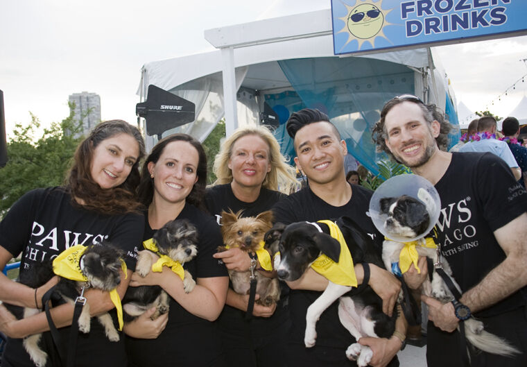 Volunteers Michele McIntire with McKenna, Molly Millet with Marlo, Heidi Hunt with Mirabel, Mike Lin with London and Matthew Fox with Betty Sue at the PAWS Beach Party, 2018. (Candace Jordan photo)